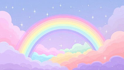 Pastel rainbow arching over fluffy clouds and stars