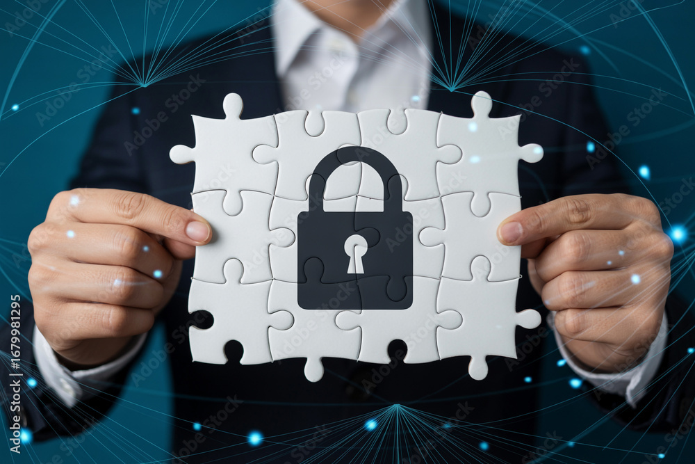 Poster security puzzle solution concept for data protection and network safety strategy planning idea 100