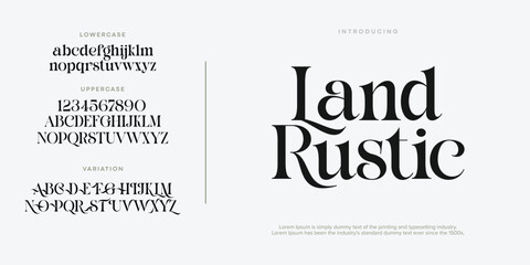 Land Rustic Fashion font alphabet. Minimal modern urban fonts for logo, brand etc. Typography typeface uppercase lowercase and number. vector illustration