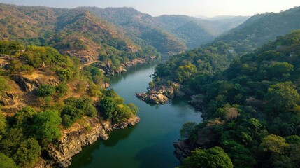 Aerial View Of River Valley With Lush Green Forests