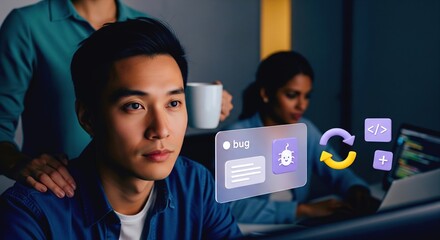 Tech team collaborates on coding project with bug icon