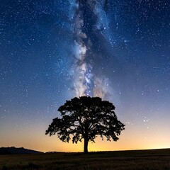 A solitary tree stands silhouetted against a breathtaking night sky filled with a vibrant Milky Way galaxy, casting a serene and peaceful mood over a golden-toned field.