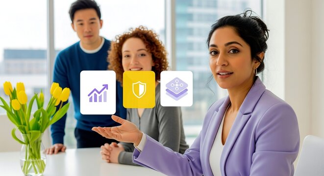 Diverse business team discusses growth and security icons - Powered by Adobe