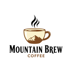 A logo for Mountain Brew Coffee.  A steaming coffee cup with mountains inside.