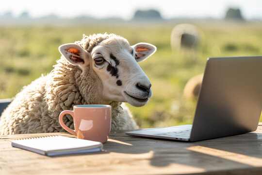 Funny sheep working on laptop with coffee mug and notebook in field humorous animal stock photo image