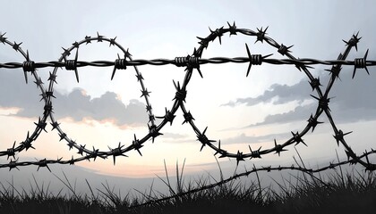 Barbed wire fence at sunset