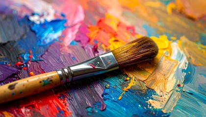 A vibrant 's palette displays thick paint strokes and a paintbrush, showcasing a spectrum of colors and textures.