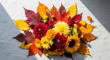 Autumnal bouquet of flowers and leaves