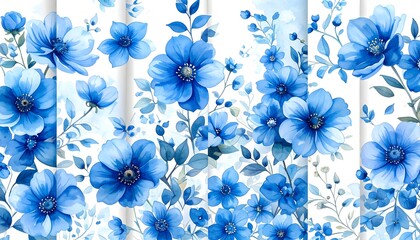 Vibrant blue flowers in a watercolor style pattern repeat design, showcasing a delicate floral arrangement against a white backdrop.