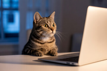 Tabby cat using laptop computer at desk looking at screen funny pet online browsing internet feline