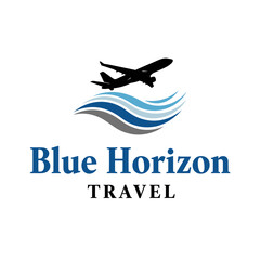 Blue Horizon Travel logo featuring an airplane soaring above stylized ocean waves.