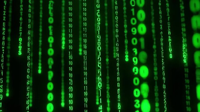 Futuristic digital rain of green binary code cascading in the darkness