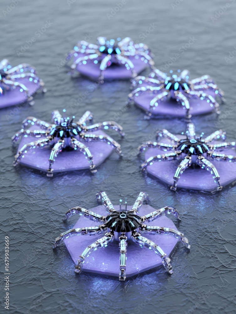Aufkleber detailed view of futuristic robotic spiders on a purple hexagonal surface in a high-tech environment