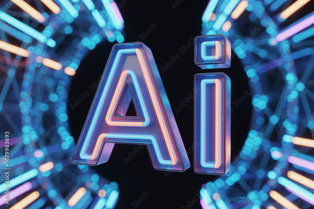 Poster ai artificial intelligence technology neon glowing futuristic network concept design render