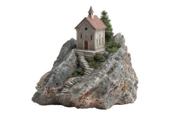 Miniature Mountain Church on Rocky Islet, Isolated