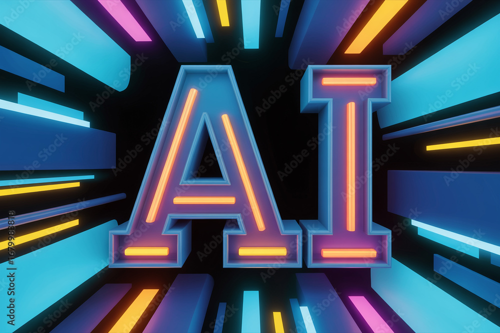Poster ai artificial intelligence technology neon glowing futuristic design concept art rendering digital a