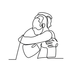 Continuous line of business man hugging for deal success and showing partner team work. Editable stroke sketch drawing line vector illustration