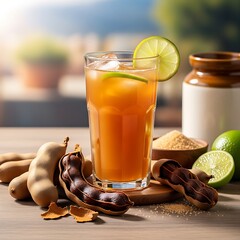  A glass of refreshing Agua de Tamarindo with a lime garnish, surrounded by fresh tamarind pods and a bowl of brown sugar. The scene is set on a wooden table, emphasizing the drink's natural origins