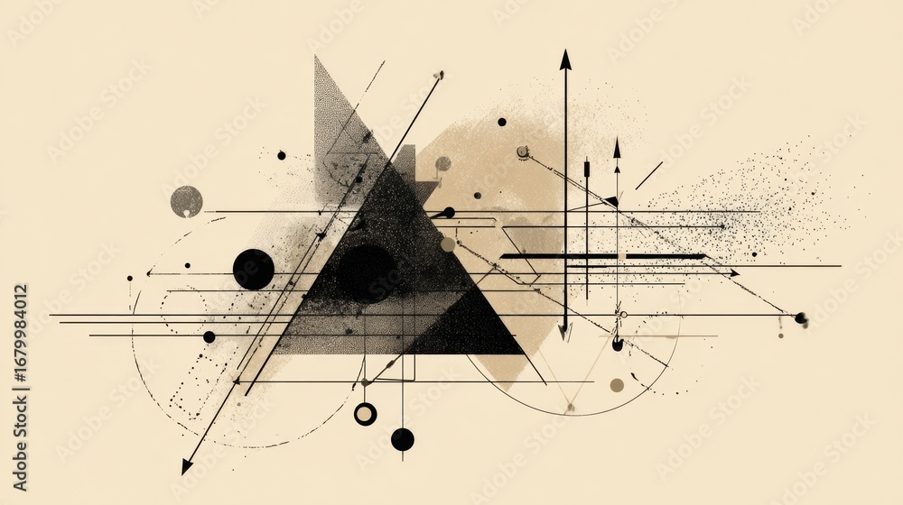 Poster geometric abstract art combining shapes and lines in black and beige tones creating a modern aesthet