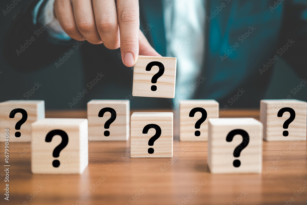 Poster question mark blocks concept: business strategy, decision making, problem solving and uncertainty co
