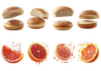 Fresh Bread Rolls with Sesame Seeds and Juicy Slices of Grapefruit