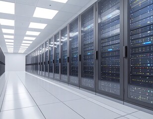 A long, brightly lit server room showcasing rows of data storage equipment, reflecting technology.