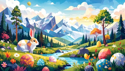 A polygonal landscape scene depicts a whimsical rabbit amidst colorful Easter eggs near a flowing river, nestled within a vibrant mountain valley.