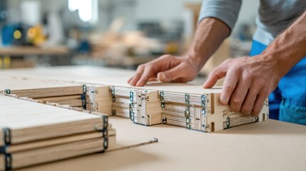 Medium shot of hands assembling prefabricated cabinet panels with the focus on the modular joints blurred background highlighting ease of construction.