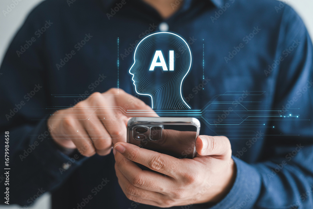 Poster ai artificial intelligence on mobile phone technology concept for business and data analysis solutio