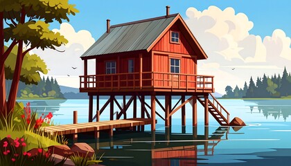 Lakeside cabin on stilts in a serene landscape