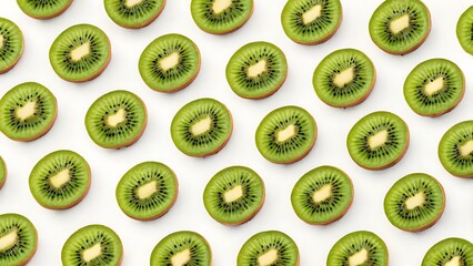 Fototapeta premium Pattern of sliced green kiwis against a white background. Suitable for food blogs, recipe cards, fruitthemed designs, and healthy lifestyle content.