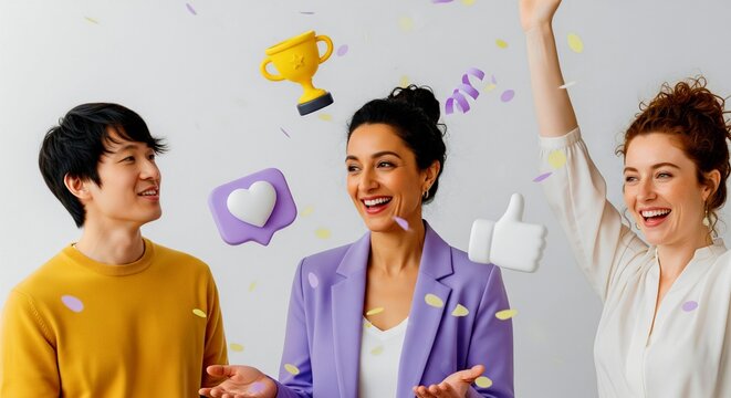 Diverse colleagues celebrate success with confetti and social media icons - Powered by Adobe