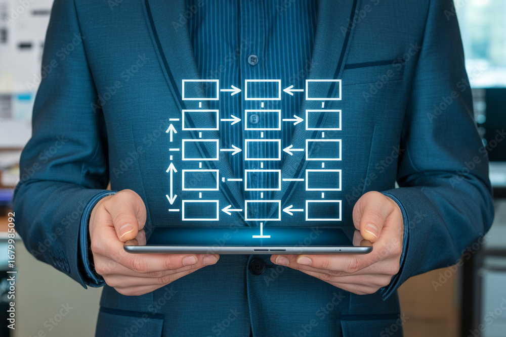 Poster man presenting business process flowchart on tablet for business strategy and workflow management to