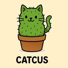Cute Cartoon Cat Cactus Illustration – Funny "Catcus" Design
