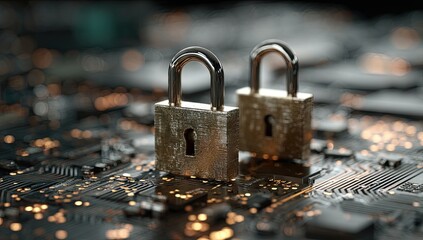 Two padlocks rest on a circuit board, symbolizing digital security