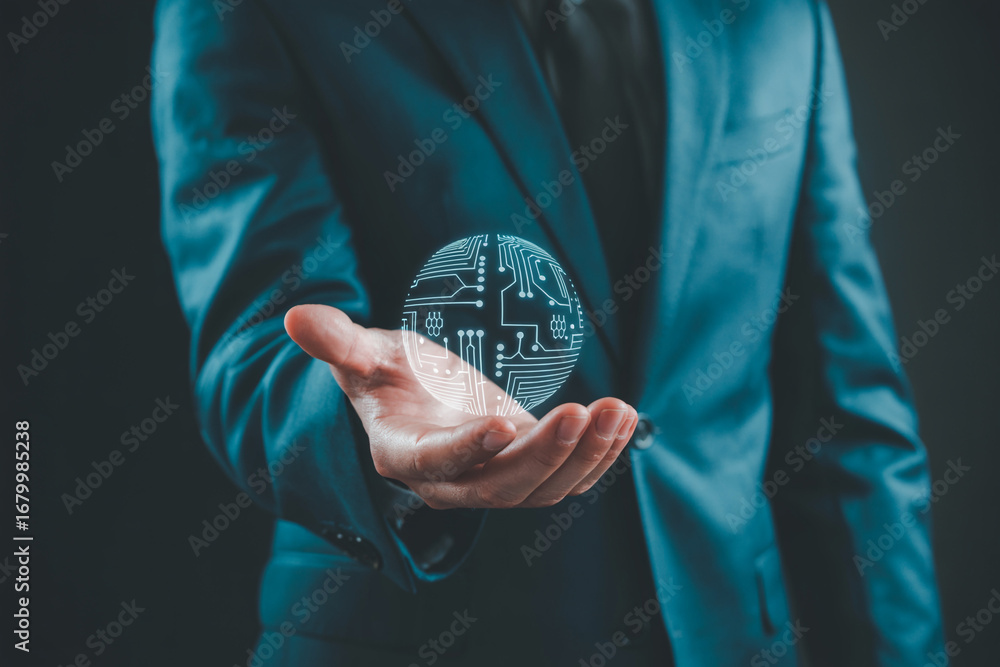 Poster digital technology concept man holding circuit board sphere in hand future innovation and networking