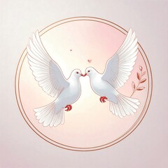 Two white doves in flight, their beaks touching, depicted within a circle, showcasing a delicate romantic scene.