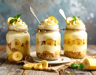 Three glass jars filled with layered banana dessert, topped with whipped cream and garnished with mint leaves, sit on a rustic wooden surface.
