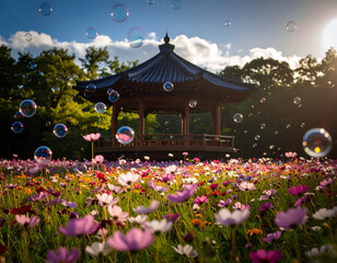 Whimsical bubbles float over a vibrant cosmos flower field with a traditional Asian pavilion bathed in golden sunlight. Dreamy spring day.