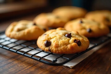 Warm, golden-brown chocolate chip cookies cooling on a wooden desk , cookies, delicious, oven