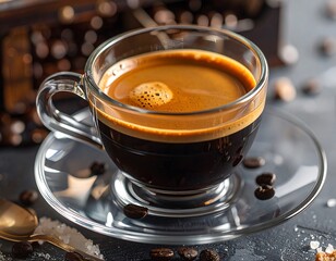 A close-up view of a rich espresso in a clear glass cup, showcasing its dark brown hue and frothy crema.