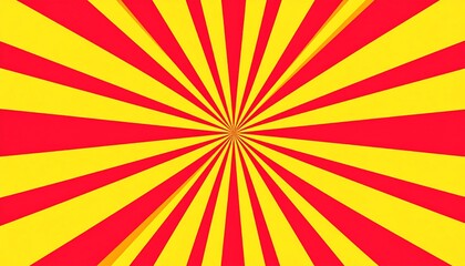A vibrant graphic design features radiating red and yellow stripes, creating a dynamic sunburst effect.