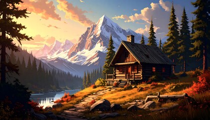 Scenic mountain cabin at sunset