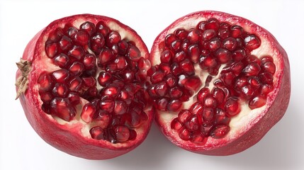 halved pomegranate with glossy red seeds on white background