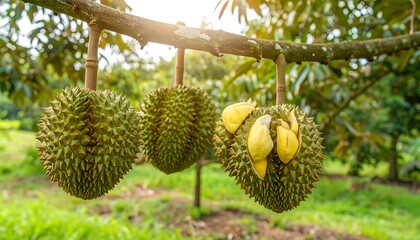Durian fruits hanging from a tree branch (1)