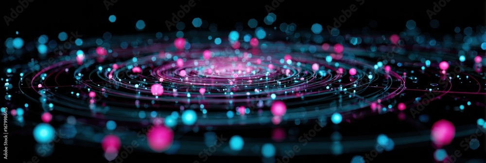 Poster colorful particles create swirling patterns in a dark environment, showcasing dynamic motion and vib