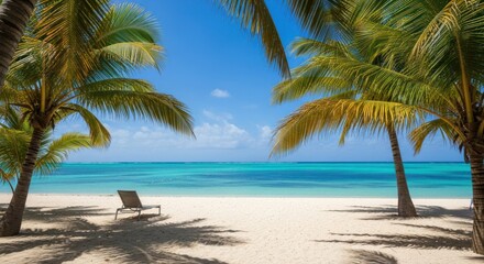 Tropical beach scene with palm trees and chaise lounge