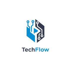 Tech Flow logo design, showcasing circuit board and play button tech innovation.