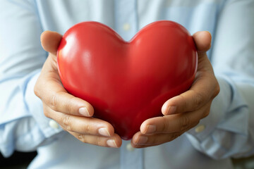 Obraz premium Red heart in hands for love and care concept for valentine day and health with copy space on blue shirt