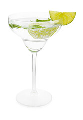 Martini cocktail with slices of lime and mint on white background